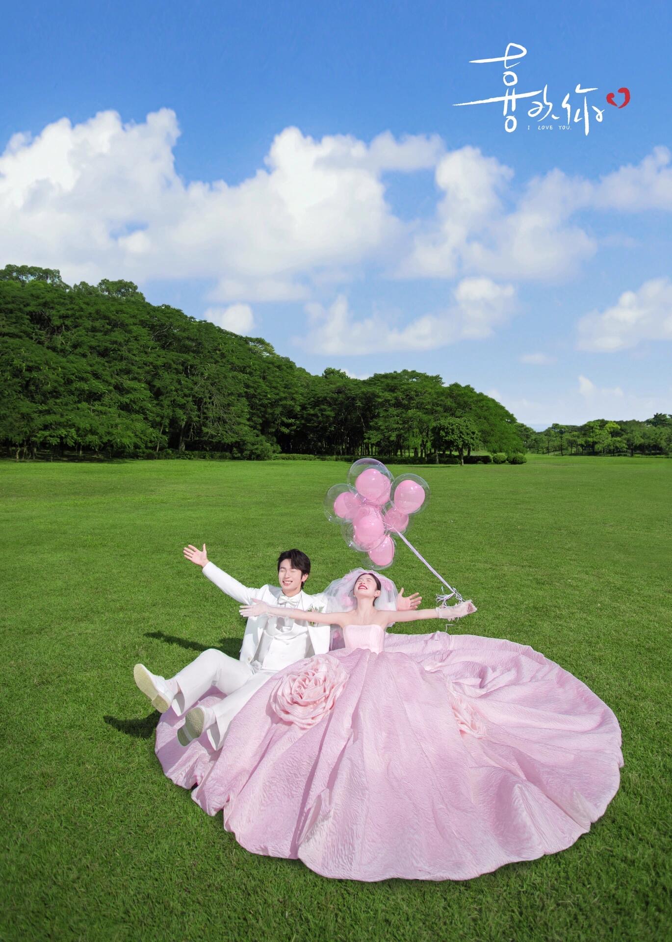 粉色礼服森系草坪婚纱照