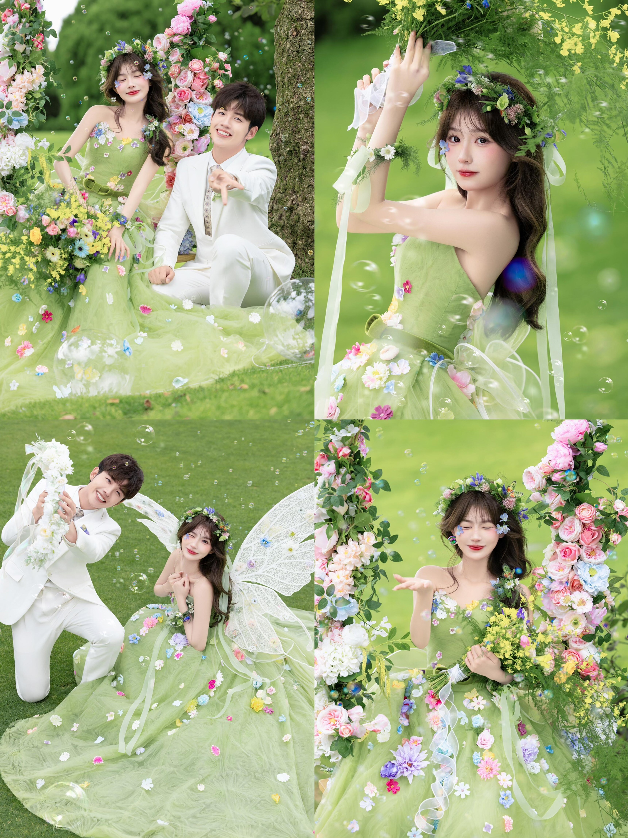 绿色婚纱森系草坪婚纱摄影