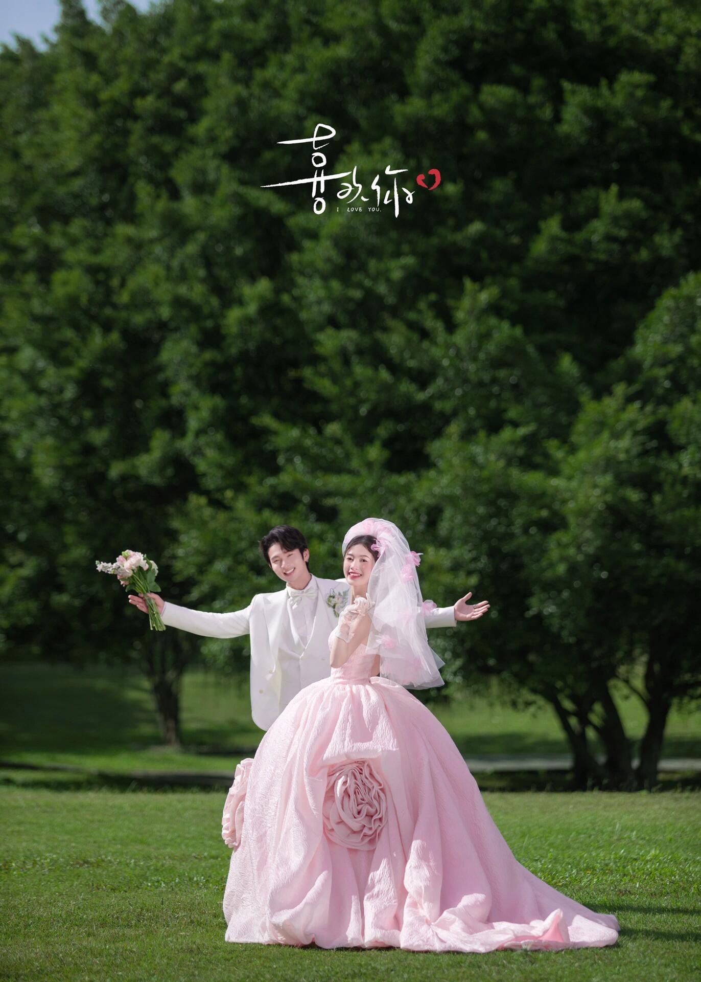 粉色礼服森系草坪婚纱照