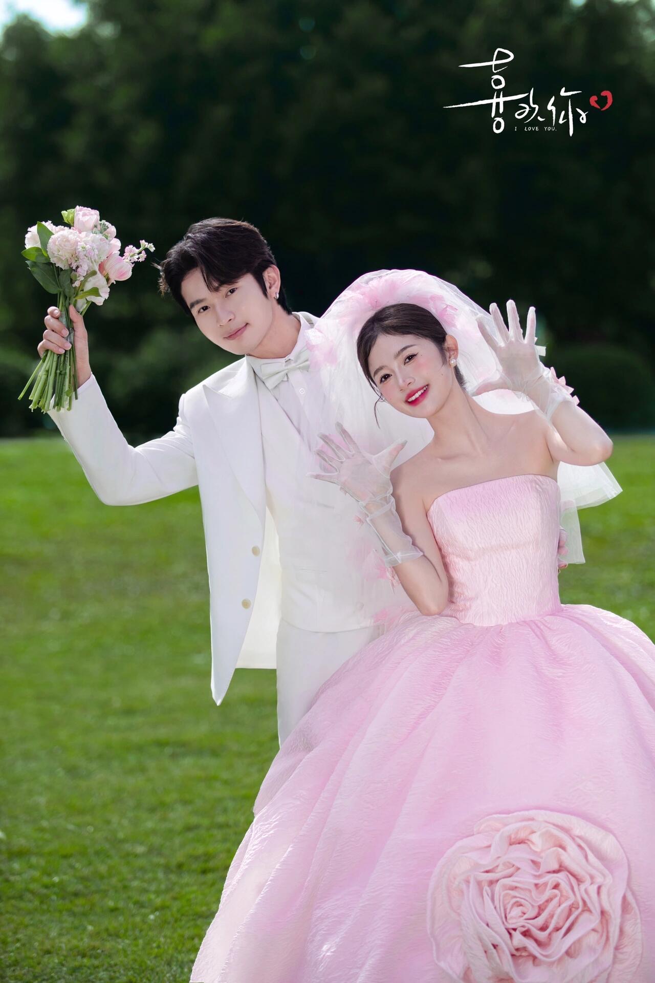 粉色礼服森系草坪婚纱照