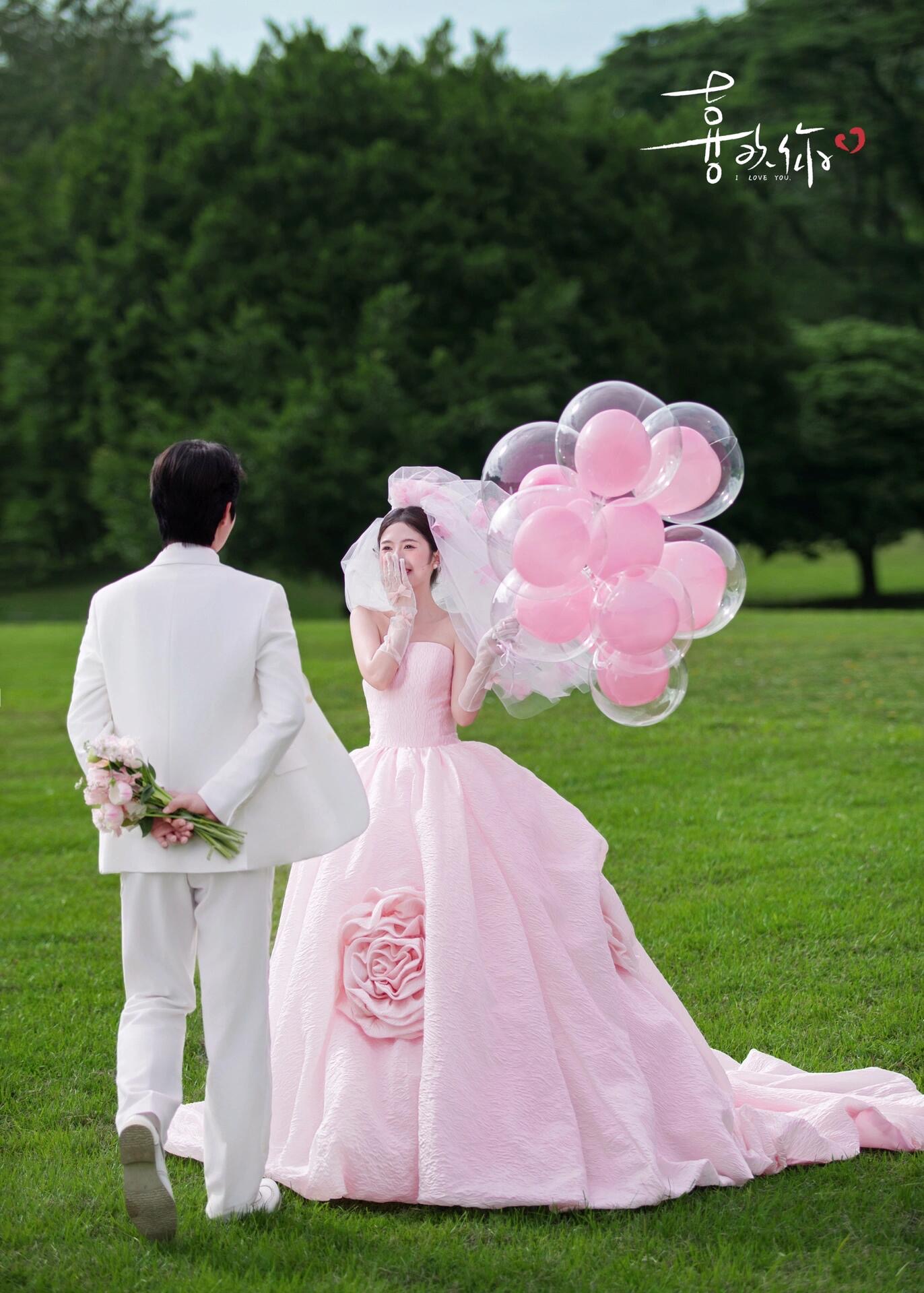 粉色礼服森系草坪婚纱照