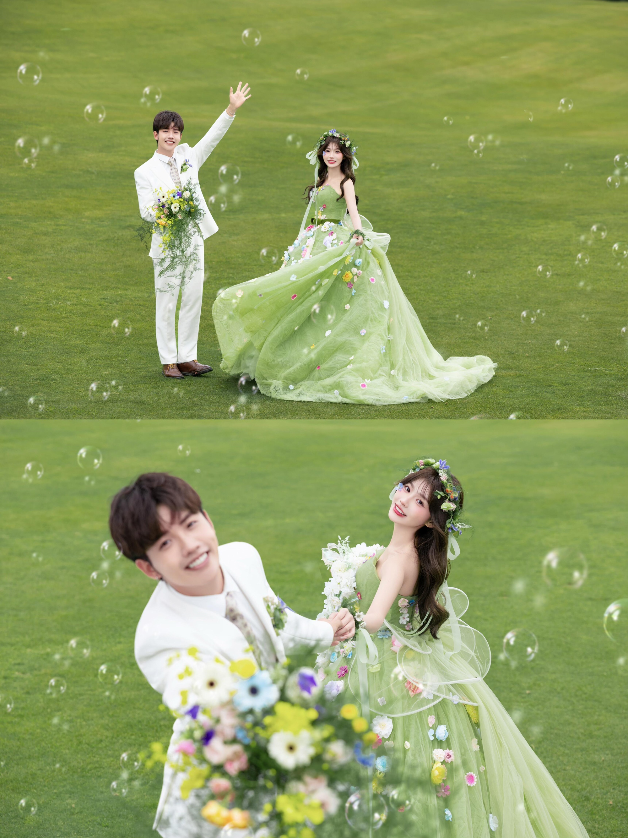 绿色婚纱森系草坪婚纱摄影