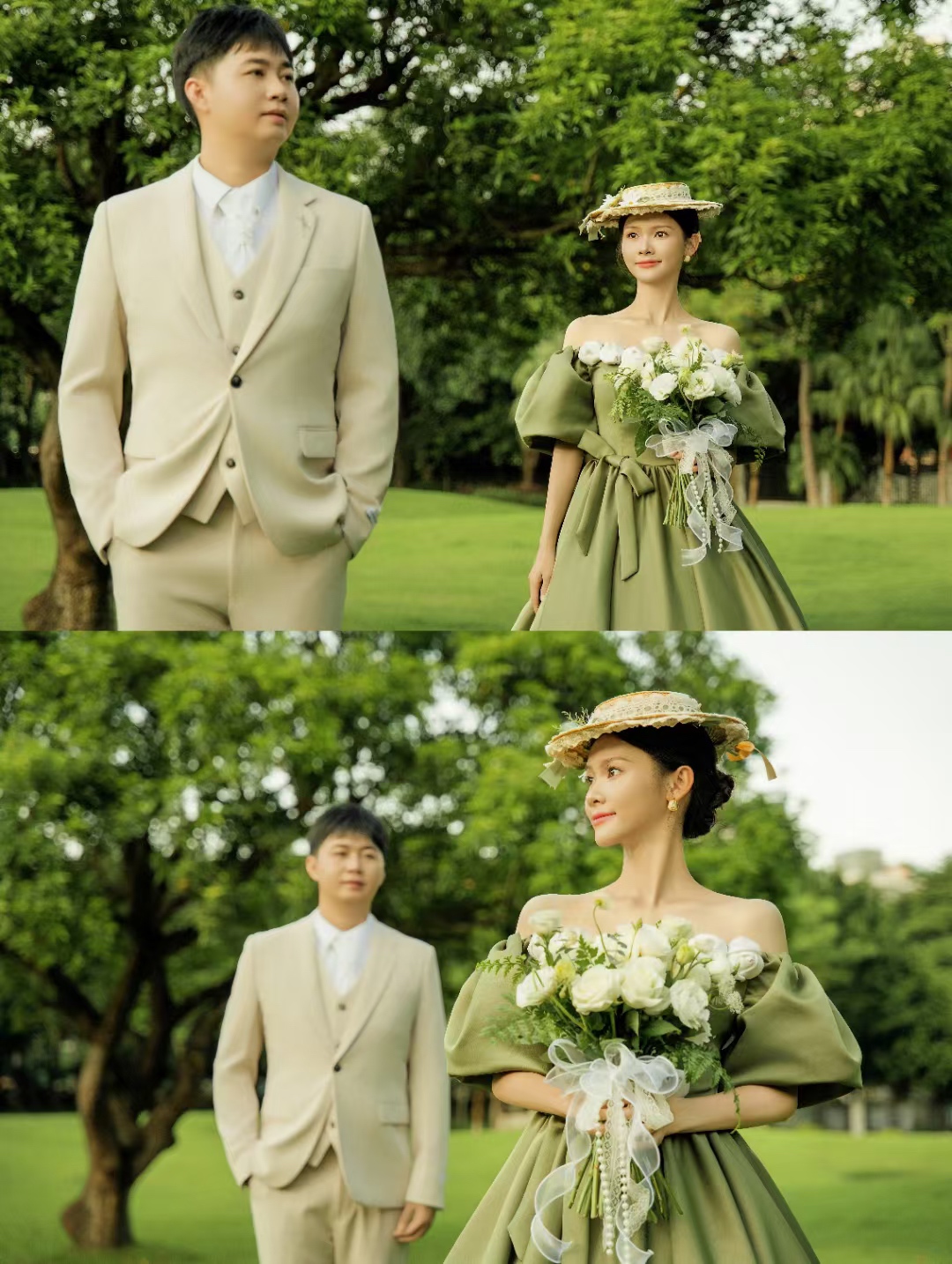 法式油画复古森系草坪婚纱照