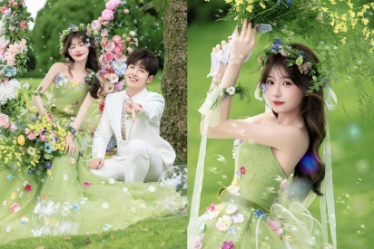 绿色婚纱森系草坪婚纱摄影